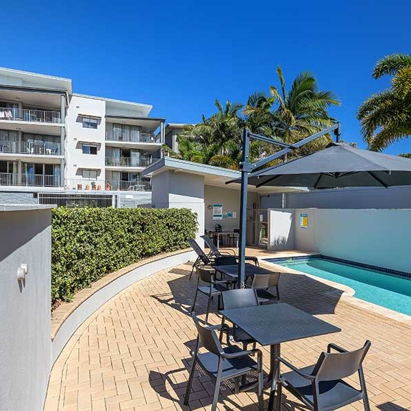 poolside at our Bribie Island accommodation
